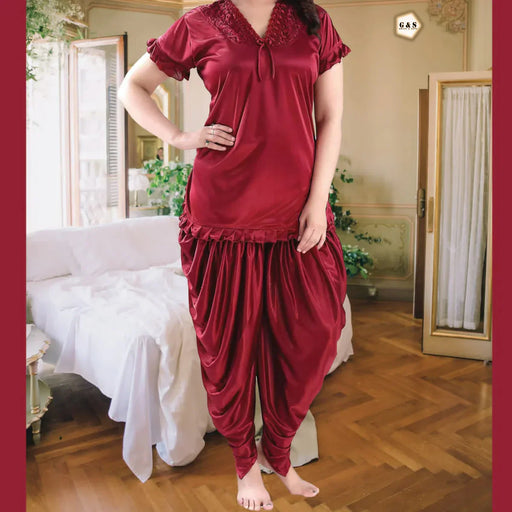 Girls' Stylish Silk Patiala Nightwear Set: Half Sleeve V-Neck Comfort Pajamas
