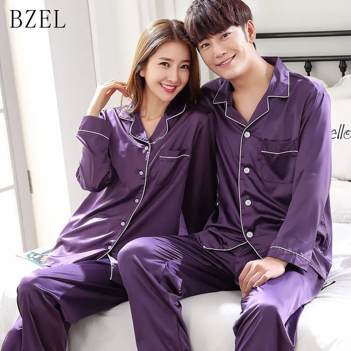 Elegant Silk Satin Couples Pajama Set: Long Sleeve Matching Sleepwear for Home