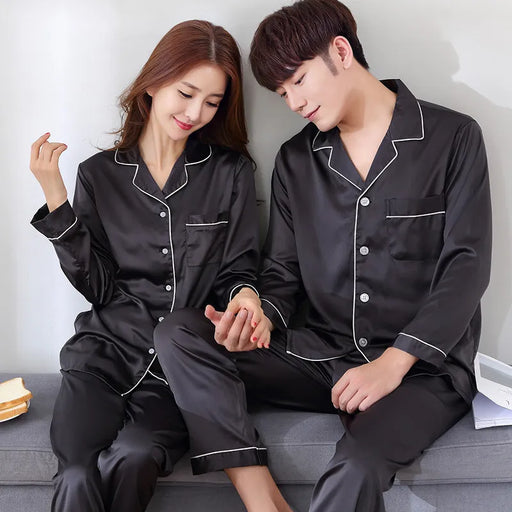 Elegant Silk Satin Couples Pajama Set: Long Sleeve Matching Sleepwear for Home