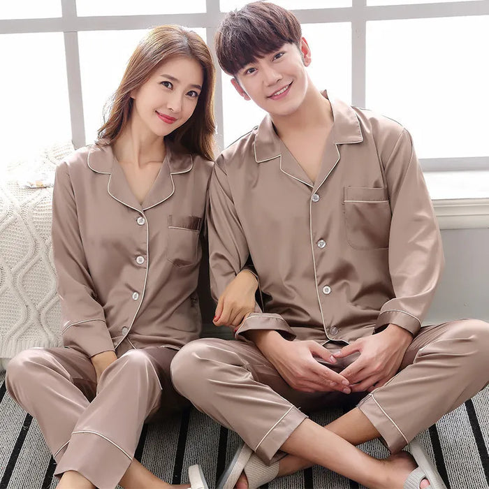 Elegant Silk Satin Couples Pajama Set: Long Sleeve Matching Sleepwear for Home