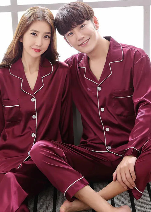 Elegant Silk Satin Couples Pajama Set: Long Sleeve Matching Sleepwear for Home